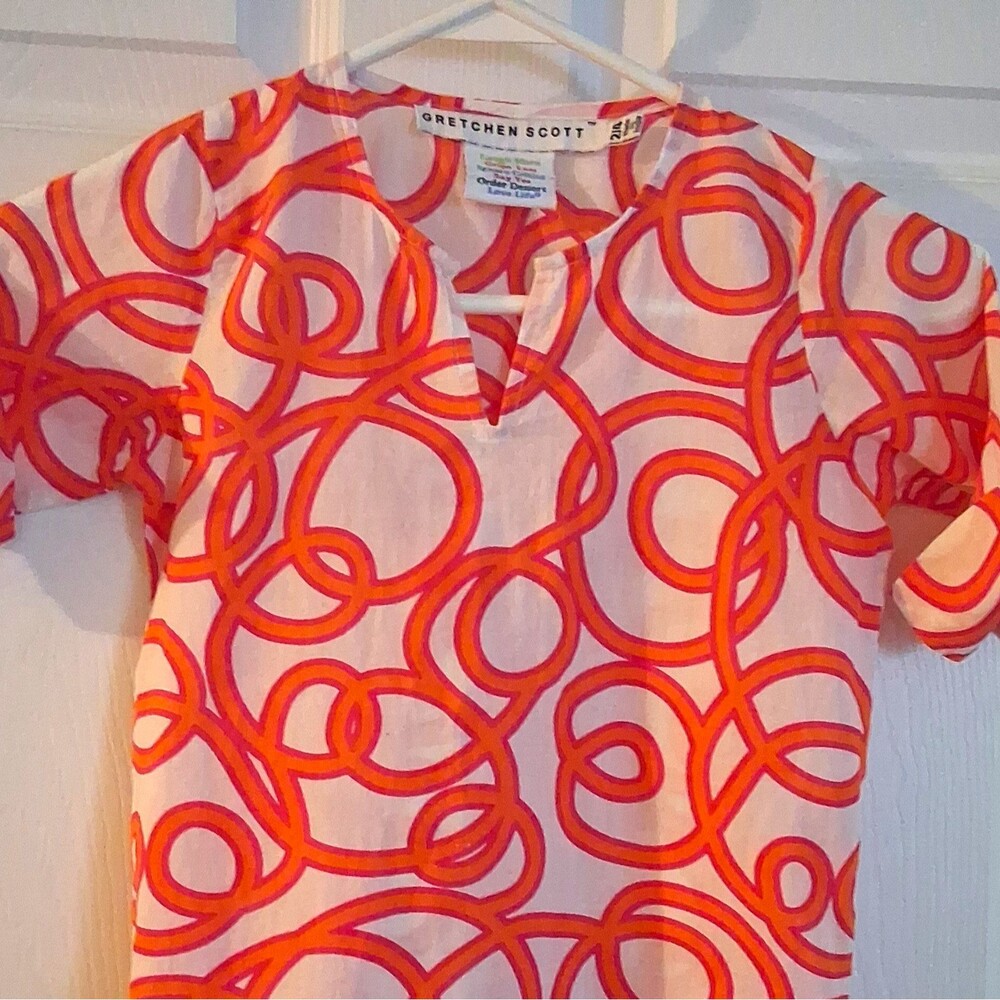 Gretchen Scott Child's V-Neck Short Sleeve Geometric Dress Orange/White Size S